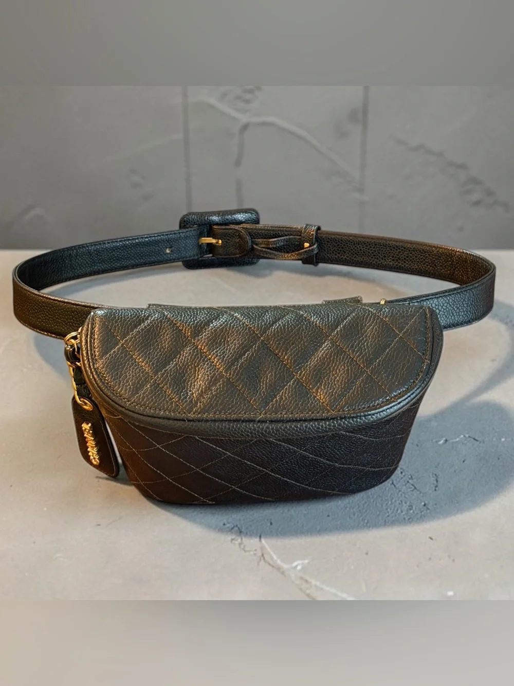 CHANEL Vintage Black Quilted Caviar Leather Waist Belt Bag | Gold Hardware